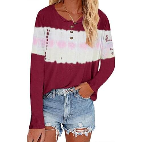 2021 Autumn Long Sleeve Tie-dye Fashion T Shirt Women Clothes Button O-neck Oversized Tops Tshirt Casual Loose Street Tee Shirts
