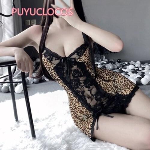 Women Summer Sleepwear Nightgown Sexy Spaghetti Strap Sleeveless Leopard Dress Underwear Exotic Lingeries