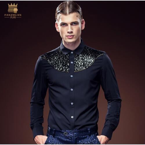 Fanzhuan Free Shipping New fashion male casual Mens high-end long sleeved black shirt 612115 bronzing flash Club in stock