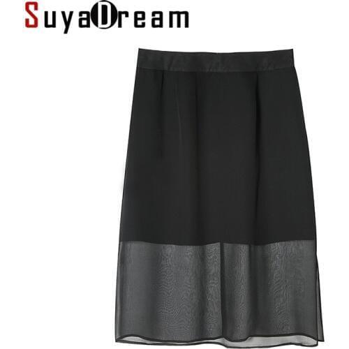 Women Silk skirt 100%Real Silk Black fashion side Vent Two layers Skirts 2017 Summer New