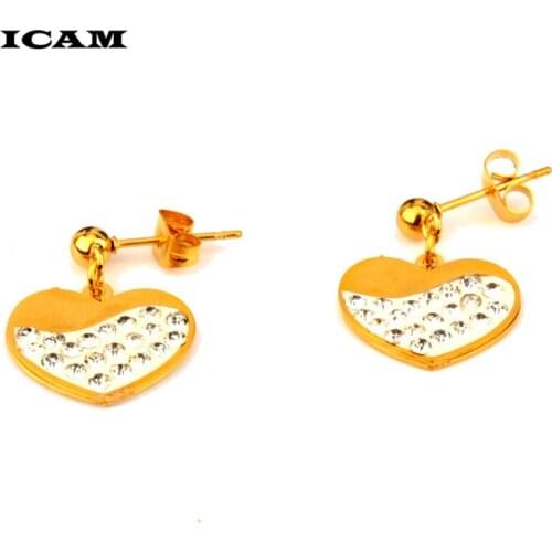 ICAM Heart Stud Earrings For Women Classic Clear AAA+Cubic Zirconia Gold Color Fashion Stainless Steel Jewelry For Girls