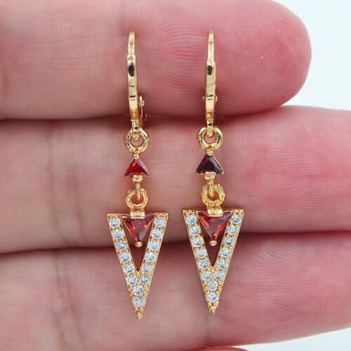 AAA+ Cubic Zirconia Gold Color Fashion Women Red CZ V Dangle Earrings Jewelry