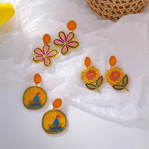 2021 New Korean Yellow Flower Vintage Acrylic Personality Dangle Earrings For Women Fashion Jewelry Party Oorbellen Brincos