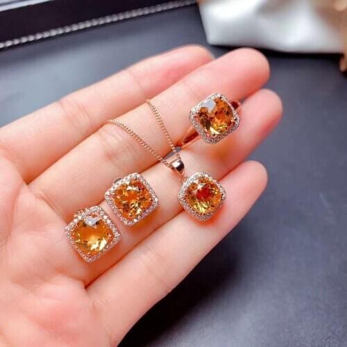 High-quality Citrine S925 Pendant Necklace Earrings Ring Set Small Fresh Fine Fashion Wedding Jewelry for Women Free Shipping