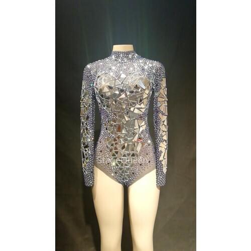 Women Sexy Transparent Net Yarn Costume Stage Dance Wear Mirrors Stones Mesh Bodysuit Leotard Dance Performance Bodysuit