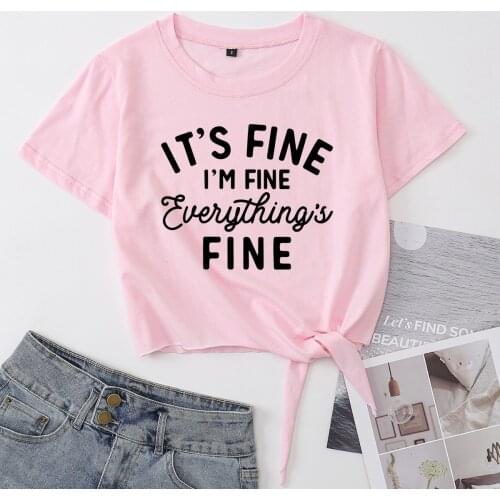 Its Fine I'm Fine Knotted Crop Top Shirt Womens Summer Short Sleeve Cotton T-Shirt Cropped Tops Graphic Tee with Front Tie Knot
