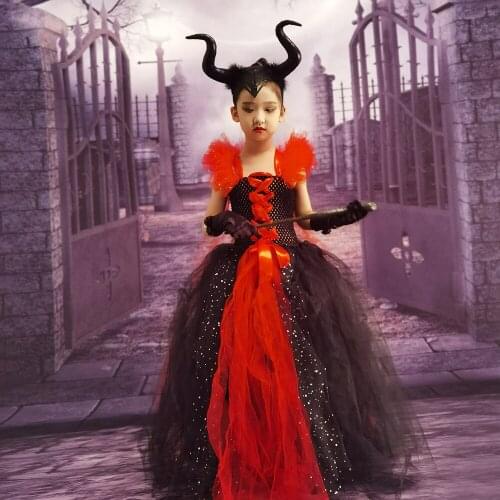 Girls Vampire Witch Halloween Costume Kids Spooky Vampiress Tutu Dress with Horns Fancy Carnival Party Cosplay Gown Dresses