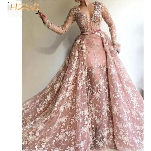 2021Dusty Pink Mermaid Prom Dresses Long Sleeve V Neck Full Appliques Overskirts Evening Dress with Detachable Train Gown