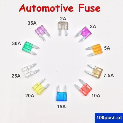 100pcs/lot Mini Size Auto Automotive Car Fuse Boat Truck Blade Fuse Assortment 2A 3A 5A 7.5A 10A 15A 20A 25A 30A 35A Car fuse