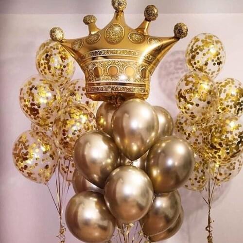 25pcs/lot big gold crown foil balloon and 12inch metal latex gold confetti helium balloon for wedding girls birthday party decor