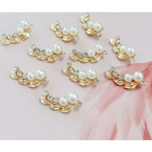 30 PCS 20*9mm Metal Alloy KC Gold Leaf Crystal Rhinestone Imitation Pearl Leaves Pendant Decoration Retro Alloy Accessories