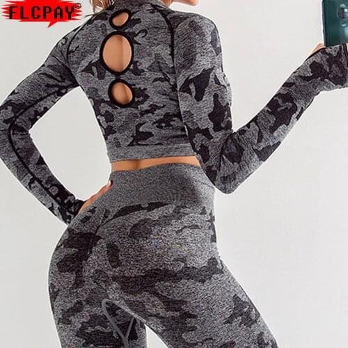 Seamless Yoga 3Pcs Set Women Workout Sportswear Gym Clothing Fitness Long Sleeve Crop Top High Waist Leggings Sport Bra Suits