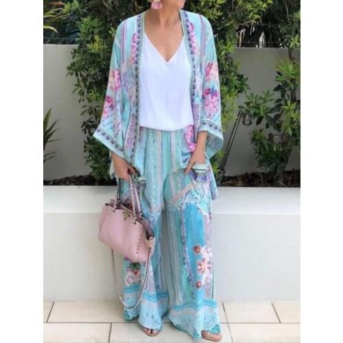 Summer womens Pants 7 / 3 Sleeve Leisure Vacation Polyester Splicing 2-piece Set 2021 New Comfortable Fashion Printing Set