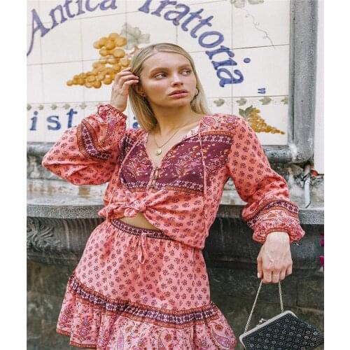 DAILOU Loose Floral Printed Two Piece Set Vintage Long Sleeve Tops Tassel Mini Skirt Summer Fall Boho Beach Casual Womens Sets