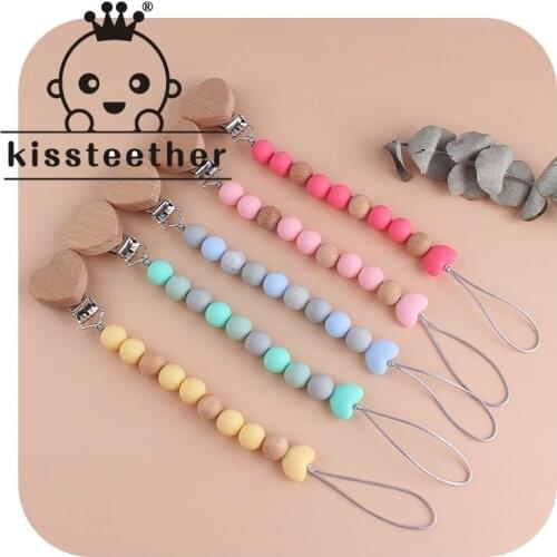 Kissteether 1pcs Baby Pacifier Chain Clips Dummy Holder For Nipples Clips Wooden Love Shape Teething Baby Birthday Gifts