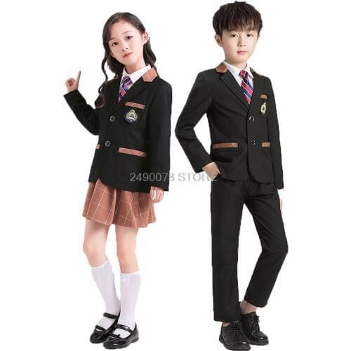 2020 Kids Formal Wedding Blazer Suit Performance Suit 3pcs Jacket+Pants+tie School Suits for Boys England Style Girls Skirt