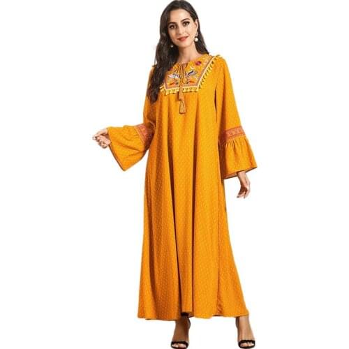 Dubai Muslim Long Dress Embroidery Arab Jilbab Women Flare Sleeve Printed Jilbab Abaya Ramadan Autumn Isamic Ethnic Clothing New