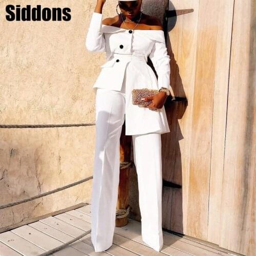 Two Piece Elegant Work Suits Off Shoulder Blazer Top & Regular Pants Set
