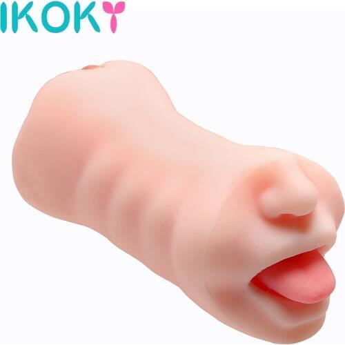 IKOKY Pocket Male Artificial Vagina Mouth Male Masturbation Oral Sex Double Tunnels Sex Toys for Men Flesh Silicone