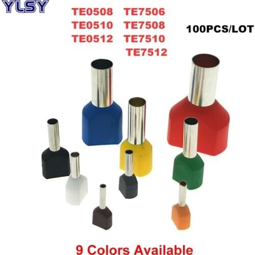 100Pcs Dual Wire Tube Insutated Cord End Crimp Termina TE0508~7512 Electric Double Terminal Cable Copper Ferrules 0.5~0.75mm²
