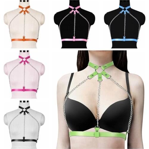 Metal Chain Accessories Full Body Leather Hollow Bra Adjust Waist Belt Pole Dance Clothes Bdsm Harness Belt Suspender Punk Goth