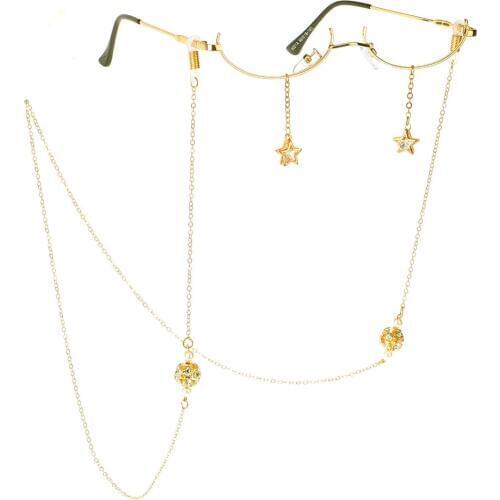 Fashion half frame sunglasses women charm crystal rhinestone ball chain pentagram sun glasses without lens glasses frame oculos