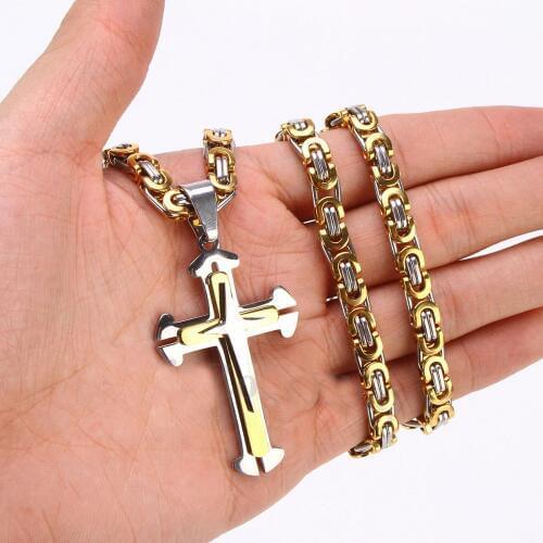 Mens Jewelry Religious Silver Gold Two Tones Three Layers Cross Big Pendant Byzantine Necklace 18"-30"