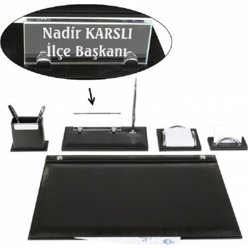 EMET Black Leather Desk Set Desk Pad Set with Crystal Nameplate Name Plate Tag