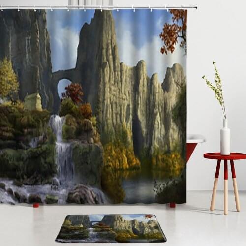 Forest Waterfall Landscape Shower Curtains Set Natural Scenery Bath Mats Bath Screens Bathroom Rugs Room Decoration Carpets