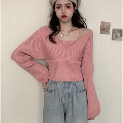 Womens Jumper New Korean Fashion Winter Clothes Women Sweaters Pink V Neck Long Sleeve Pullovers Pull Femme Crop Sweater Mujer