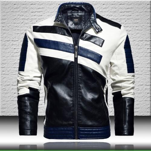 Striped Biker Leather Jacket Men 2020 Fashion Patchwork Moto Jackets Coats Mens Stand Collar Faux Leather Jacket Fashion Style