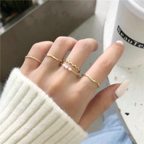 Simple Pearl wave index finger end ring set Womens vintage metal geometry jewelry