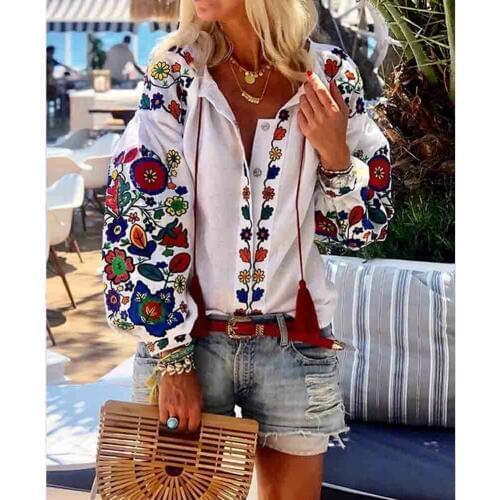 New Fashion Boho Shirts Womens Long Puff Sleeve Shirt Flower Print V-Neck Tops Casual Loose Top Ladies Blouse Ladies Clothes