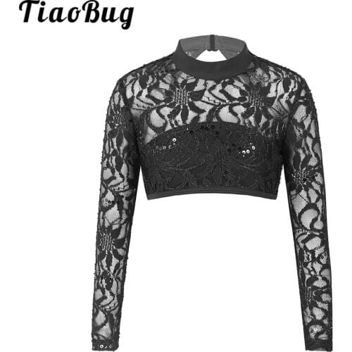 Sequins Long Sleeve Keyhole Back Crop Top Costume for Girls Ballet Jazz Dance Stage Performance Workout Gymnastics Dance Wear