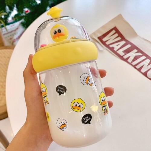 Yellow duck 450 Plastic Water Bottle Tour Drinking Bottle Yakult Shape Cute Kawaii Milk Carton Shaker Bottle for Kids/Girl/Adult