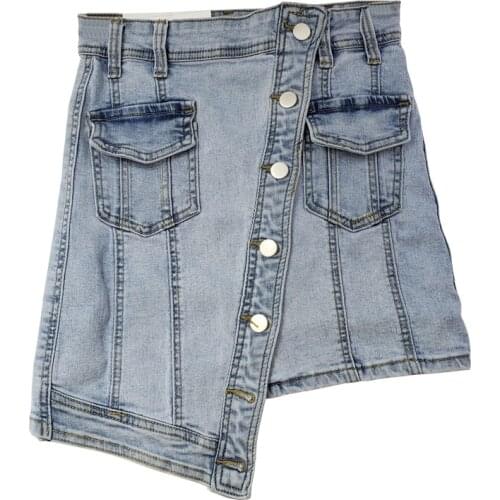 2021 New Women Summer New Buttons Decoration Blue Denim Short Mini Irregular Blue Jeans Skirt Women High Street Femme