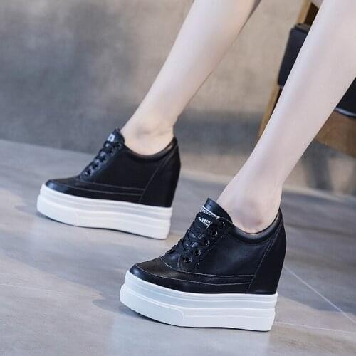 Women Genuine Leather 11cm Hidden Wedge Sneakers Platform Shoes High Heels Sneakers girl Casual Shoes White Women Trainers A1-66