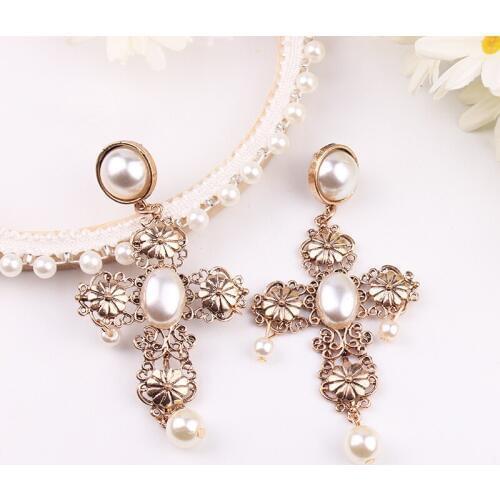 LUBOV Imitation Pearl Inlaid Gold Color Metal Cross Dangle Earrings Bohemian Style Women Drop Earrings Party Jewelry