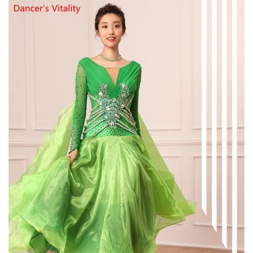 Women National Standard Racing Outfits Ballroom Shine Diamond Big Hem Dress Waltz Modern Jazz Dancing Performance Stage Costume