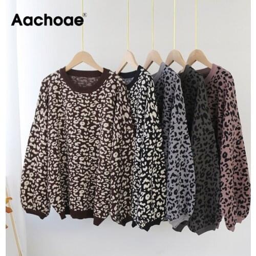 Aachoae Women Fashion Leopard Print Sweater Vintage O Neck Knitted Pullover Tops Casual Lantern Long Sleeve Jumper Autumn Winter
