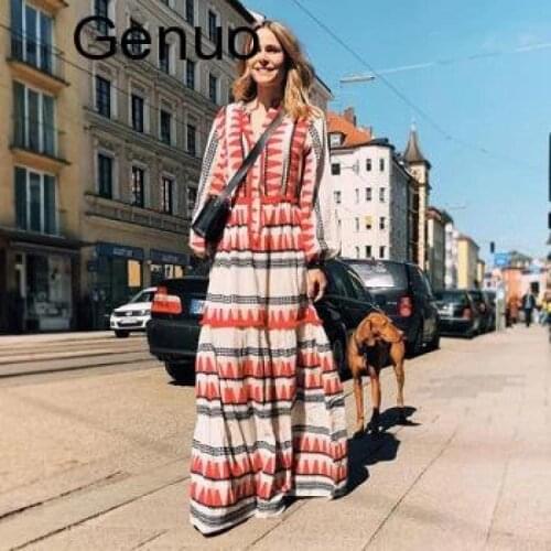 Dress Women Autumn New Leisure Vacation Triangle Printed Long Sleeve V-neck Long Dresses 2020 Bohemian Loose Big Swing Dress