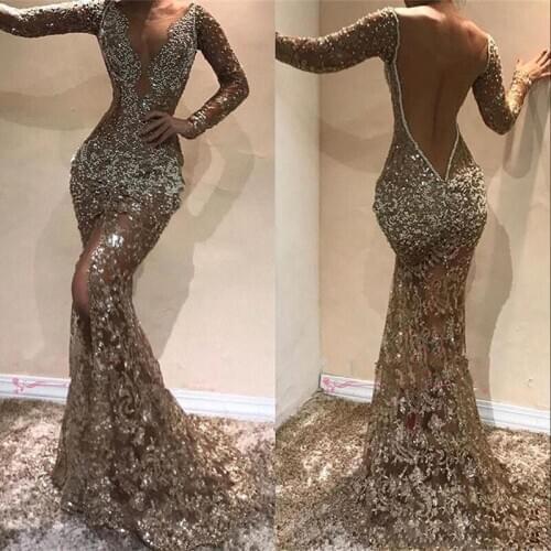 2020 New Deep V Neck Long Sleeves Sequins Mermaid Long Evening Dresses Beaded Sheer Mesh Top Split Backless Formal Party Prom Dr