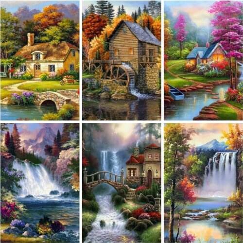 Huacan Diamond Embroidery Complete Kit House Waterfall 5D Diamond Painting Mosaic Landscape Handmade Gift Home Decoration