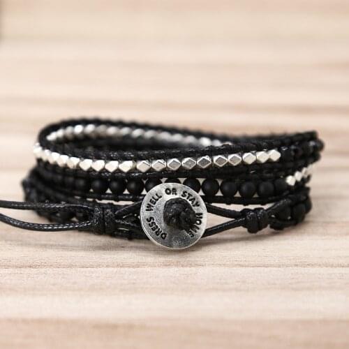 Silver alloy beads black crystal braid Bracelet Vintage Leather Wrap Bracelet Handmade Wrap Bracelet for women jewelry gift