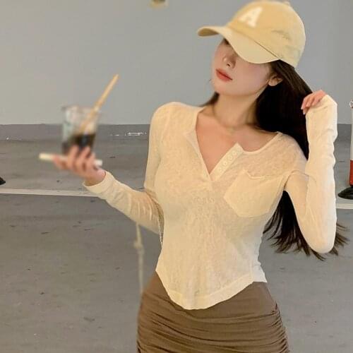 T-shirts Thin Women Long Sleeve Summer Sun-proof Solid Simple Top Skinny Long Sleeve Female Girls Casual All-match Chic V Collar