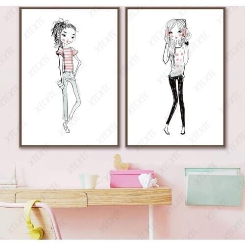 Fashion Girl Portrait Poster Wallpaper Personality Sketch Canvas Painting Craft Print Picture Art Decoration for Home Bedroom