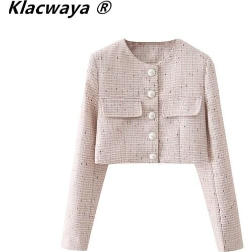 Klacwaya Women 2021 Fashion Pearl Buttons Cropped Tweed Jacket Coat Vintage Long Sleeve Female Outerwear Chic Tops