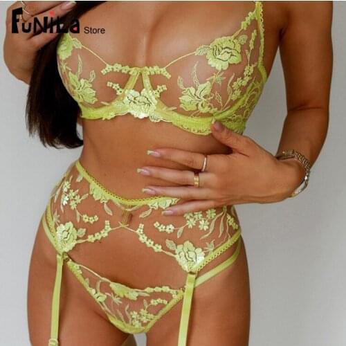 Women Sexy Lingerie Sex Sensual Bra and Panty 3 Pieces Set with Garter Belt Neon Color Lace Underwear Floral Embroidery Lingerie