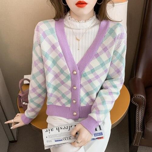 Korean loose warm pearl single-breasted cardigan knitted jacket women autumn long-sleeved V-neck top vintage Cardigans sweater