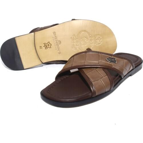 SHENBINS Premium Full Leather Sliders, Leather Soles, Soft Insoles, Brown Slippers Outdoor Travel Sport Slides